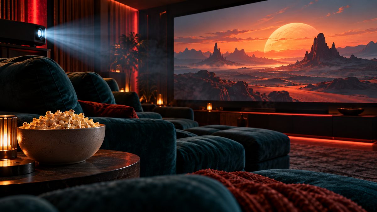 AI-illustrasjon av hjemmekino med projektor, popcorn og et ørkenlandskap på lerretet