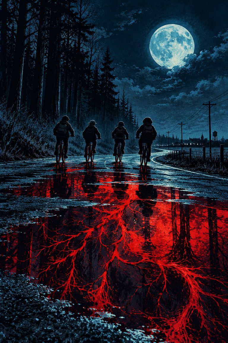 Original AI-illustrasjon inspirert av Stranger Things: fire syklister ved en mørk skog